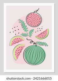 Fruit flat minimal illustration composition.Poster with watermelon in flat minimal design. Fruit simple Vector illustration.
