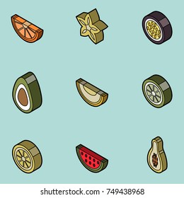 Fruit flat outline isometric set . Cute vector background. Bright summer fruits illustration. 