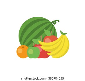 Fruit. Flat vector illustration. Watermelon, apples, bananas and oranges.