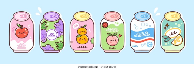 Erfrischungsgetränke mit Fruchtaroma. Vektorillustration von kohlensäurehaltigen Getränken in bunten Dosen. Limonaden mit Apfel-, Orange-, Pfirsich- und Traubengeschmack im niedlichen Flachstil.  Elemente sind isoliert.