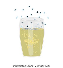 Fruit flies and juice glass. Drosophila melanogaster. Flies flying above glass with beverage. Insect swarming around food scraps. Organic waste or kitchen leftovers and pest. Stock vector illustration