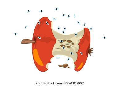 Fruit flies and red apple core isolated on white background. Drosophila melanogaster. Insect swarming around food scraps. Organic waste or kitchen leftovers and pest. Stock vector illustration