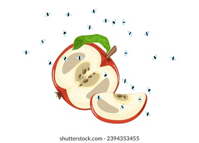 Fruit flies and red apple on white background. Drosophila melanogaster. Flies flying above apple. Insect swarming around food scraps. Organic waste or kitchen leftovers and pest. Vector illustration