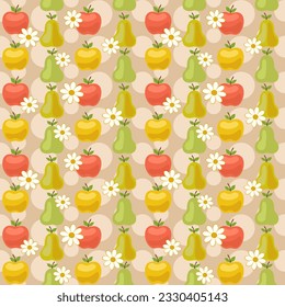 Fruit and flower background with apples and pears, seamless vector pattern.
