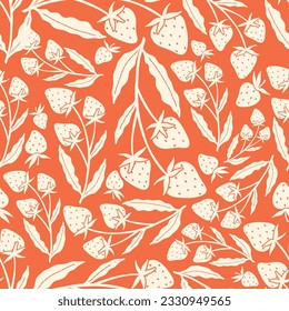 Fruit and flower hand drawn illlustration seamless pattern on orange blackground -Strawberry