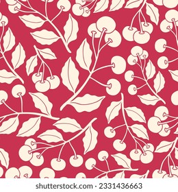 Fruit and flower hand drawn illlustration seamless pattern on red blackground -Cherry