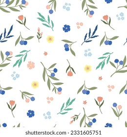 Fruit and flower hand drawn illlustration seamless pattern on White blackground -Blueberry