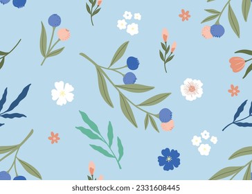 Fruit and flower hand drawn illlustration seamless pattern on blue blackground -Blueberry