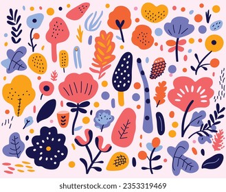 Fruit and Flower Pattern Vector, in the Style of Organic Shapes and Lines, Fleeting Brushstrokes, Bright Colors, Bold Shapes, Free Brushwork, Outlined Art, Cute and Colorful