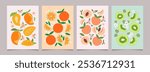Fruit and flower posters set. Summer backgrounds with mango, orange, peach, kiwi in trendy design. Flat vector illustration.
