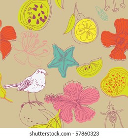 fruit and flower seamless pattern with bird