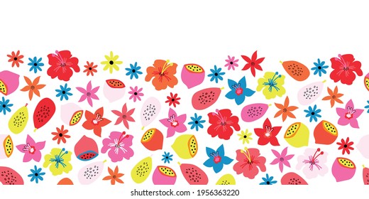 Fruit Flower summer border seamless vector pattern. Repeating cute floral horizontal kids background Scandinavian style. Abstract pink blue yellow tropical flowers, lemons for decor, footer, cards.