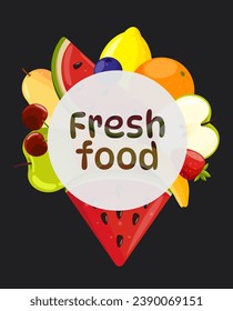 Fruit flyer vector.Fruit illustration with text on black background. Fresh food illustration. Fruit vector on black background. Summer fruits poster