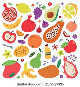 Fruit food collection icons, vector doodle illustrations of apple, orange, banana, isolated colored clipart on white background, healthy organic food, colored garden tasty exotic fruits