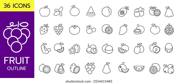 Fruit and food icon outline set Simplel design Transparent isolate background