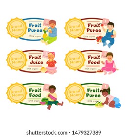 Fruit food label flat vector illustrations set. Smiling children in different poses eating orange, apple cartoon characters. Organic healthy nutrition, vitamins for children  packaging sticker