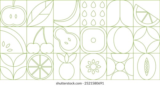 Comida de frutas na linha moderna. Cereja, citrinos, banana e pera. Alimentos naturais e orgânicos com vitaminas. Criatividade minimalista e arte. Ilustração vetorial linear isolada sobre fundo branco