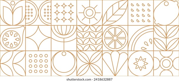 Fruit food in modern line geometric pattern or mosaic tile, vector background. Fruits pattern in thin line abstract geometry, outline apple, orange and lemon with fig and kiwi in geometric linear tile