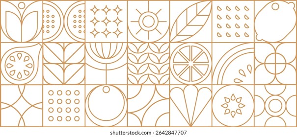 Fruit food in modern line geometric pattern or mosaic tile, vector background. Fruits pattern in thin line abstract geometry, outline apple, orange and lemon with fig and kiwi in geometric linear tile