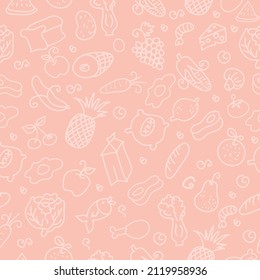 Obst- und Lebensmittelmuster auf orangefarbenem Hintergrund, Vektorgrafik, Design, Dekoration, Stoff, Textil, Serviettendesign, Unterhaltung