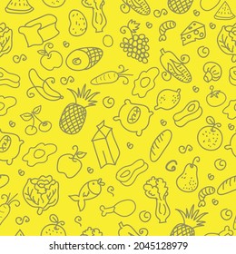 fruit and food patterns on yellow background, vector, design, decorative, fabric, textile, napkin design, entertainment