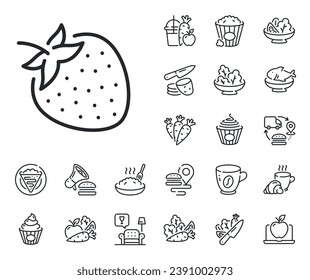 Fruit food sign. Crepe, sweet popcorn and salad outline icons. Strawberry line icon. Diet nutrition symbol. Strawberry line sign. Pasta spaghetti, fresh juice icon. Supply chain. Vector