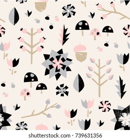 fruit forest seamless pattern. pastel scandinavian style nature illustration. Cute winter forest with flower and fruit design for textile, wallpaper, fabric.
