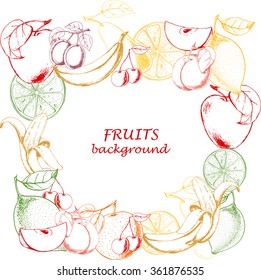 Fruit frame with apple, lemon, lime, banana, cherry, peach, pear and plum. Hand drawn vector illustration.