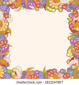 Fruit frame. Bananas, slices of orange, tangerine, grapefruit, berries. Vector background.