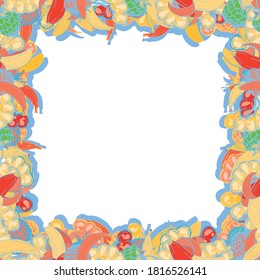 Fruit frame. Bananas, slices of orange, tangerine, grapefruit, berries. Vector background.