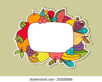 Fruit frame doodle design. Vector hand drawn illustration with fruits: apple, peach, banana, berry, lemon, pear, watermelon, orange, strawberry, grape, and plum.