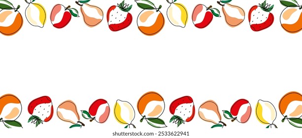 Fruit frame with empty space for text, isolated on white background. Apple, lemon, pear in linear style. For fabric design, greeting card, invitation. Vector graphics