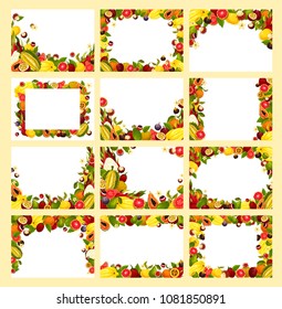 Fruit frame of exotic and tropical berry with copy space. Papaya, grapefruit and orange, feijoa, fig and durian, lychee, dragon and passion fruit, starfruit, guava and rambutan for food themes design