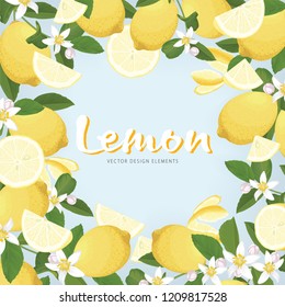 Fruit frame of lemon with flower on blue background template. Vector set of herbal element for advertising, packaging design of lemon tea products and fashion design.