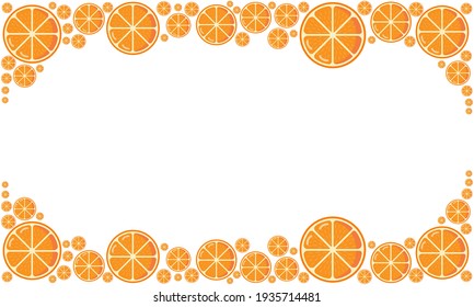 Fruit frame made of citrus slices is horizontal with copy space. Juicy fresh oranges isolated on white background. Fruit template for your design. Vector illustration