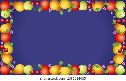 Fruit frame. Rectangular frame of apples, pears and cherries on a blue background. For text, design, advertising or images.