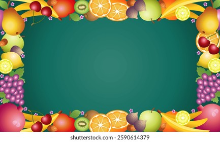 Fruit frame. Rectangular frame of different fruits on a green background. For text, design, advertising or images.