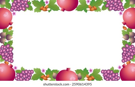Fruit frame. Rectangular frame of grapes, pomegranates, figs and almonds on a white background. For text, design, advertising or images.