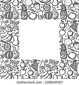 Fruit frame. Seamless fruit pattern with place for text. doodle illustration with fruit icons. Fruit background