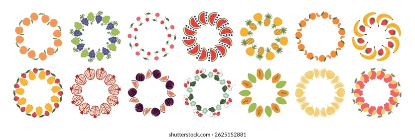 Fruit frame set. Assorted fruit design template, copy space. Cute hand drawn fruit frames in doodle style. Round template. Hand drawn fruits circle border.