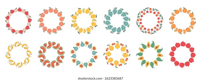 Conjunto de molduras de fruta. Modelo de projeto de frutas diferentes, espaço de cópia. Bela mão desenhado frutas quadro redondo em estilo doodle. Modelo circular. Frutos desenhados à mão circundam a borda.