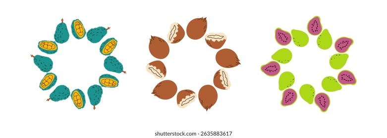 Fruit frame set. Different fruits design template, copy space. Cute hand drawn fruits round frame in doodle style. Circular template. Hand drawn fruits circle border.