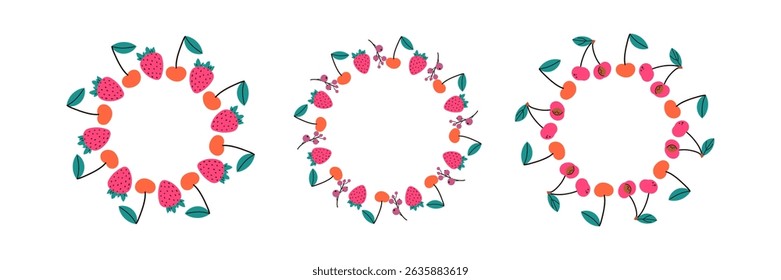 Fruit frame set. Different fruits design template, copy space. Cute hand drawn fruits round frame in doodle style. Circular template. Hand drawn fruits circle border.
