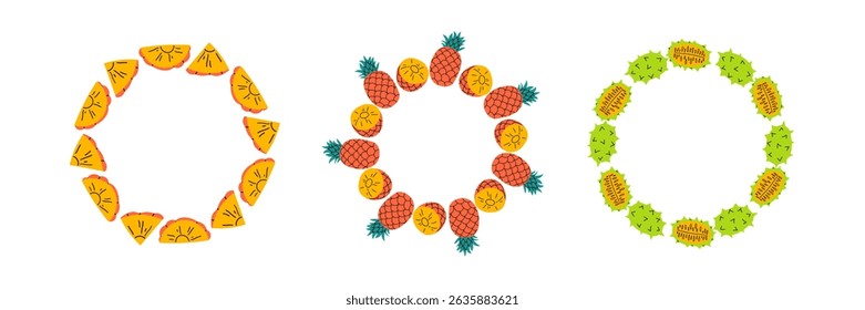 Fruit frame set. Different fruits design template, copy space. Cute hand drawn fruits round frame in doodle style. Circular template. Hand drawn fruits circle border.