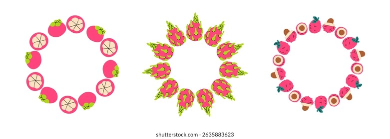Fruit frame set. Different fruits design template, copy space. Cute hand drawn fruits round frame in doodle style. Circular template. Hand drawn fruits circle border.