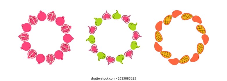 Fruit frame set. Different fruits design template, copy space. Cute hand drawn fruits round frame in doodle style. Circular template. Hand drawn fruits circle border.