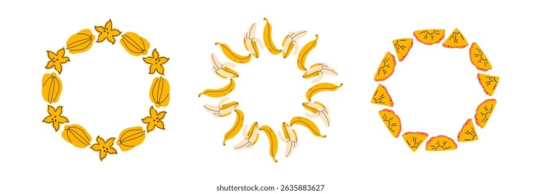 Fruit frame set. Different fruits design template, copy space. Cute hand drawn fruits round frame in doodle style. Circular template. Hand drawn fruits circle border.