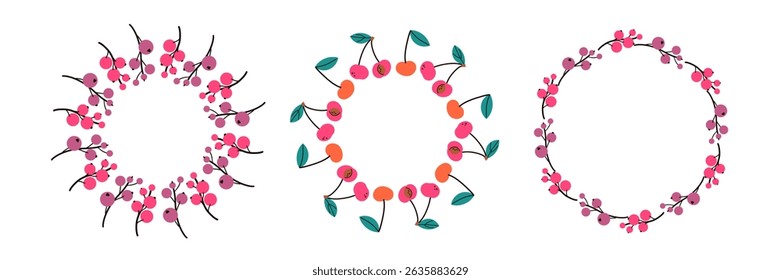 Fruit frame set. Different fruits design template, copy space. Cute hand drawn fruits round frame in doodle style. Circular template. Hand drawn fruits circle border.