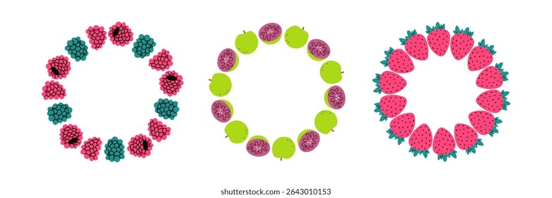 Fruit frame set. Different fruits design template, copy space. Cute hand drawn fruits round frame in doodle style. Circular template. Hand drawn fruits circle border.