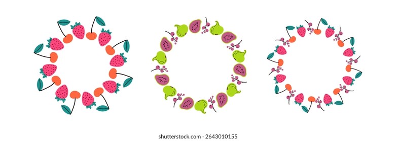 Fruit frame set. Different fruits design template, copy space. Cute hand drawn fruits round frame in doodle style. Circular template. Hand drawn fruits circle border.